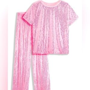 2 Piece: Pink Sequins Short Sleeve Blouse w/Matching Pants, NWOT